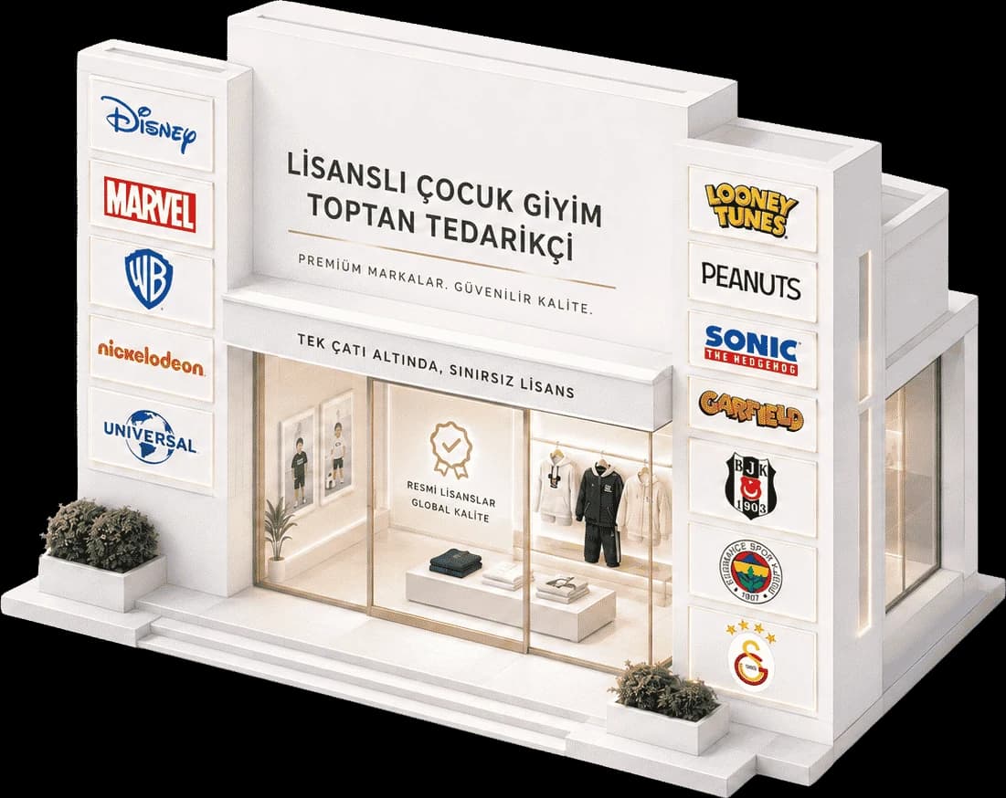 Lisanslı çocuk giyim toptan tedarik mağazası — Disney, Marvel, Warner Bros, Nickelodeon, Universal, Peanuts, Sonic ve Beşiktaş, Fenerbahçe, Galatasaray lisansları